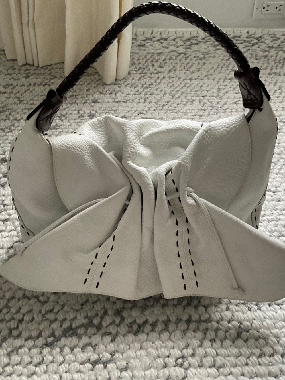 Carlos Falchi vintage white with brown handle and brown stiching